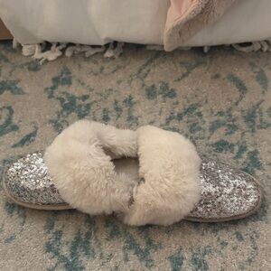 Silver Sequin Slippers with Faux Fur